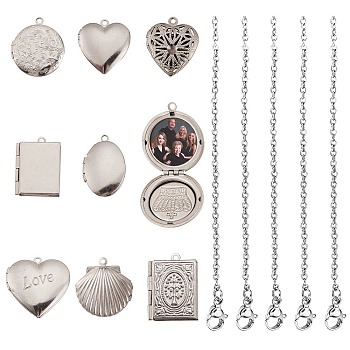 DIY Locket Pendant Necklace Making Kit, Including Oval & Heart & Shell & Book & Flat Round 304 Stainless Steel Diffuser Locket & Photo Frame Pendants, Cable Chains Necklace, Stainless Steel Color, 18pcs/box