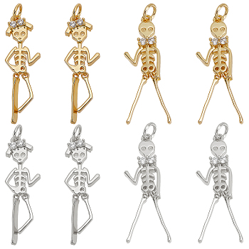 Nbeads 8Pcs 4 Style Halloween Brass Micro Pave Clear Cubic Zirconia Pendants, Skeleton Man, Mixed Color, 24x7.5x3mm, 4style, 2pcs/style