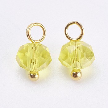 Electroplated Glass Charms, with Brass Findings, Rondelle, Faceted, Golden, Yellow, 9.5x5.5~6mm, Hole: 2mm