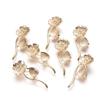 Brass Brooch Findings, Flower, Real 18K Gold Plated, Tray: 3mm, 16x46.5x7.5mm, Hole: 4.5x2.5mm, Pin: 0.8mm