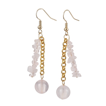 Round & Chip Natural Rose Quartz Dangle Earrings, Brass Tassel Earrings for Women, 62mm