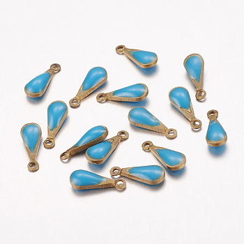 Antique Golden Plated Brass Enamel teardrop, Charms, Enamelled Sequins, Medium Turquoise, 11x4x3mm, Hole: 1mm