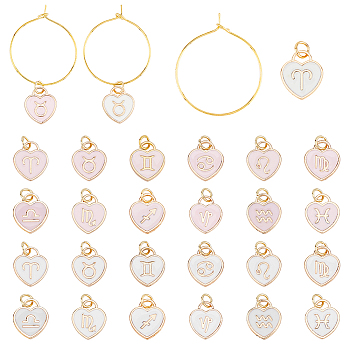 SUPERFINDINGS 2 Sets 2 Colors Heart with Constellation Alloy Enamel Wine Glass Charms Sets, with Brass Hoop Earrings Findings, Golden, Mixed Color, 45mm, 12pcs/set, 1 set/color