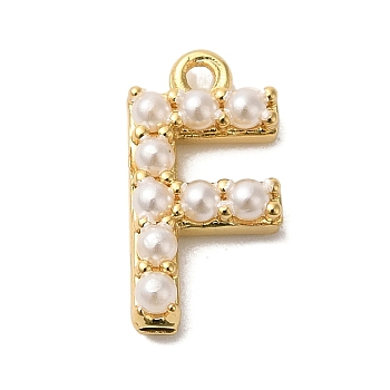 Plastic Imitation Pearl Pendants, with Brass Findings, Golden, Letter F, 14x7x3mm, Hole: 1.3~1.4mm