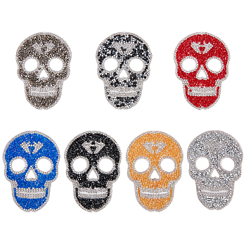 Skull Rhinestone Patches, Iron/Sew on Appliques, Costume Accessories, for Clothes, Bag Pants, Shoes, Cellphone Case, Mixed Color, 90x65x2mm, 7 colors, 1pc/color, 7pcs/set