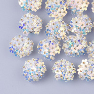 PVC Paillette Cabochons, Cluster Beads, with Glass Seed Beads and Golden Plated Brass Perforated Disc Settings, Flower, WhiteSmoke, 20~23x10~11mm(FIND-S321-01G)