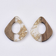Transparent Resin & Walnut Wood Pendants, with Gold Foil, Waxed, Teardrop, Gold, 32.5x27.5x3.5~4mm, Hole: 2mm(X-RESI-S358-06-A01)