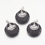 Natural Lava Rock Pendants, with Platinum Tone Brass Findings, Flat Round with Buddha, Dyed, 32x28x7mm, Hole: 4x5mm(KK-F751-J02)