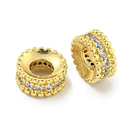 Brass Cubic Zirconia Spacer Beads, Long-Lasting Plated, Lead Free & Cadmium Free, Flat Round, Real 18K Gold Plated, 7x3.8mm, Hole: 3.8mm(KKB-L215-010G)