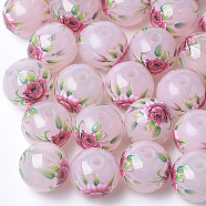 Printed & Spray Painted Imitation Jade Glass Beads, Round with Flower Pattern, Pale Violet Red, 10~10.5x9.5mm, Hole: 1.6mm(X-GLAA-S047-05B-02)