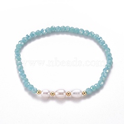 Faceted Glass Beaded Stretch Bracelets, with Natural Pearl Beads and Golden Plated Brass Beads, Turquoise, Inner Diameter: 2-1/4 inch(5.7cm)(BJEW-JB05486-04)