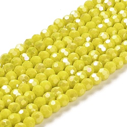 Opaque Glass Beads Stands, AB Color, Faceted(32 Facets), Round, Yellow, 4.5x4mm, Hole: 1mm, about 94~95pcs/strand, 13.90~14.02 inch(35.3~35.6cm)(EGLA-A035-P4mm-B04)