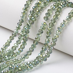 Electroplate Transparent Glass Beads Strands, Half Green Plated, Faceted, Rondelle, Light Green, 6x5mm, Hole: 1mm, about 85~88pcs/strand, 16.1~16.5 inch(41~42cm)(EGLA-A034-T6mm-S11)
