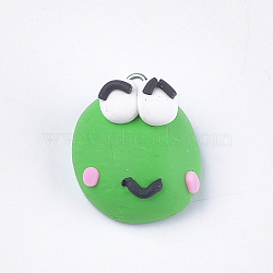 Handmade Polymer Clay Pendants, with Iron Findings, Frog, Platinum, Green, 25x20.5x13.5mm, Hole: 1.5mm(CLAY-S093-16)