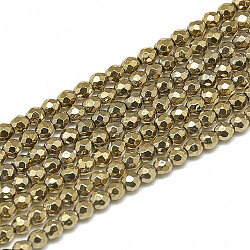 Electroplate Synthetic Hematite Beads Strands, Faceted, Round, Non-magnetic Hematite, Gold, 2~2.5mm, Hole: 0.3mm, about 189pcs/strand, 15.4 inch(X-G-S300-27D-2mm)