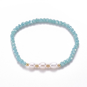 Faceted Glass Beaded Stretch Bracelets, with Natural Pearl Beads and Golden Plated Brass Beads, Turquoise, Inner Diameter: 2-1/4 inch(5.7cm)