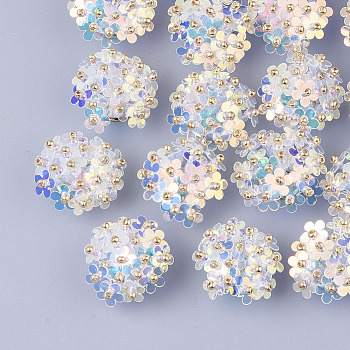 PVC Paillette Cabochons, Cluster Beads, with Glass Seed Beads and Golden Plated Brass Perforated Disc Settings, Flower, WhiteSmoke, 20~23x10~11mm