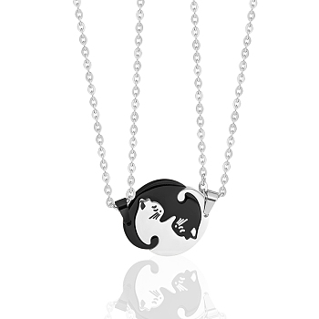 Two Tone Flat Round Puzzle Matching Necklaces Set, Cat Yin Yang Pendant Necklaces, Love Magnetic 316L Surgical Stainless Steel Necklaces for Women Men Lovers Gift, Gunmetal & Platinum, 23.62 inch(60cm), 2pcs/set