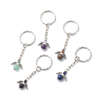 Natural Gemstone Beaded Angel Charm Keychain, with Iron Findings, 7.1cm