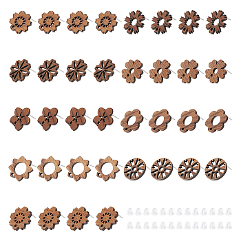 36Pcs 9 Style Walnut Wood Stud Earring Findings, with Hole and 304 Stainless Steel Pin, with 80Pcs Plastic Ear Nuts, Mixed Color, 17~17.5x17~18mm, Hole: 1.6~1.8mm, Pin: 0.7~0.8mm, 4Pcs/style