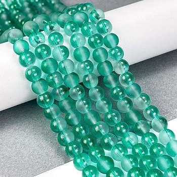 Frosted Transparent Glass Bead Strands, with Gold Powder, Round, Medium Sea Green, 6mm, Hole: 1mm, about 146pcs/strand, 31.02''(78.8cm)