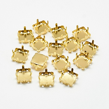 201 Stainless Steel Sew on Prong Settings, Claw Settings for Pointed Back Rhinestone, Square, Golden, Tray: 11x11mm, 12x12x7mm, Hole: 1mm