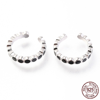 Rhodium Plated 925 Sterling Silver Cuff Earrings, with Enamel, with S925 Stamp, Flat Round, Black, Platinum, 13x2mm