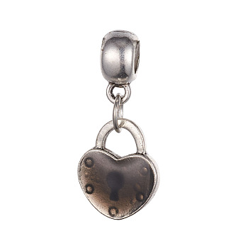 Tibetan Style Alloy European Dangle Charms, with Enamel, Heart Lock, Antique Silver, Coffee, 28.5mm, Hole: 4.6mm, Heart: 15x13x3.3mm