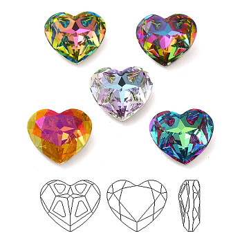 K9 Glass Rhinestone Cabochons, Point Back & Back Plated, Faceted, Heart, Mixed Color, 10x12x5mm
