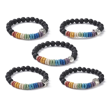 Colorful Dyed Natural Lava Rock Beaded Stretch Bracelets, with Alloy Beaded, Mixed Shapes, Inner Diameter: 2-1/2 inch(6.2cm)