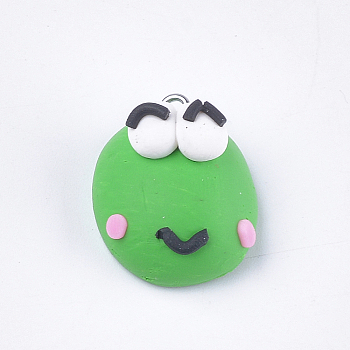 Handmade Polymer Clay Pendants, with Iron Findings, Frog, Platinum, Green, 25x20.5x13.5mm, Hole: 1.5mm