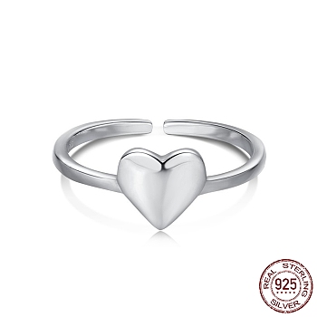 Rhodium Plated 925 Sterling Silver Heart Open Cuff Rings, for Mother's Day, with 925 Stamp, Real Platinum Plated, 1.4mm, US Size 7(17.3mm)