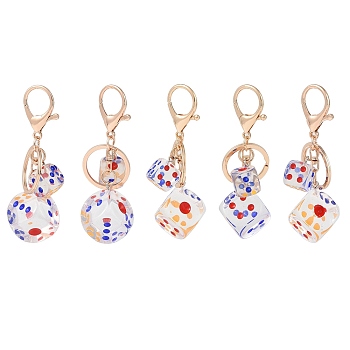 Dice Shape Plastic Keychain, with Alloy Lobster Claw Clasps, Iron Key Ring and Chains, Clear, 9.3cm