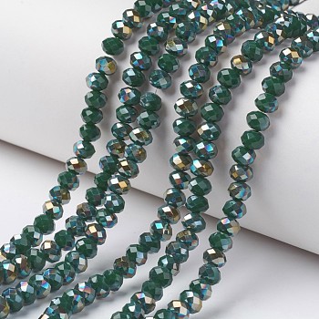 Electroplate Opaque Glass Beads Strands, Half Green Plated, Faceted, Rondelle, Dark Slate Gray, 8x6mm, Hole: 1mm, about 72pcs/strand, 16.14 inch(41cm)