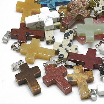 Natural & Synthetic Mixed Stone Pendants, with Stainless Steel Snap On Bails, Cross, 29~30x18~19x5~6mm, Hole: 6x4mm