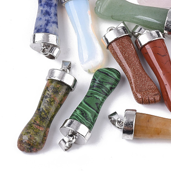 Natural & Synthetic Mixed Gemstone Pendants, with Alloy Pendant Bails and Iron Snap On Bails, Platinum, 37.5~39x12.5x10mm, Hole: 4x7mm