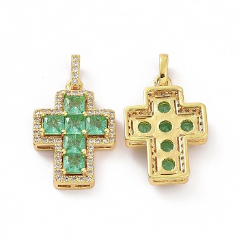 Brass Micro Pave Clear Cubic Zirconia Pendants, Cross, Religion, Spring Green, 24x17x5mm, Hole: 3.5x5~5.5mm