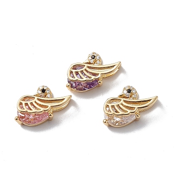 Rack Plating Brass Micro Pave Cubic Zirconia Charms, Long-Lasting Plated, Cadmium Free & Lead Free, Real 18K Gold Plated, Swan Charm, Mixed Color, 15x10x5mm, Hole: 3x5mm