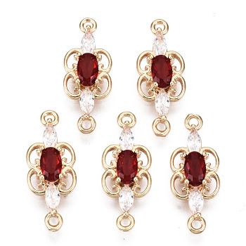 Brass Micro Pave Cubic Zirconia Links Connectors, with Glass, Long-Lasting Plated, Light Gold, Butterfly, Red, 17.5x7x3mm, Hole: 1.2mm