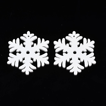 Christmas Theme Spray Painted Wood Pendants, Snowflake, White, 50x43x2.5mm, Hole: 1.6mm