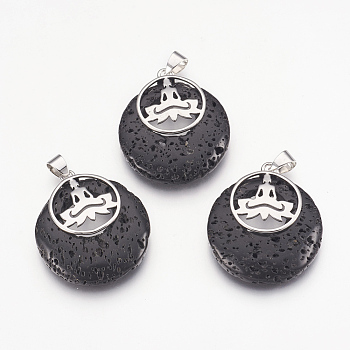 Natural Lava Rock Pendants, with Platinum Tone Brass Findings, Flat Round with Buddha, Dyed, 32x28x7mm, Hole: 4x5mm