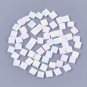 2-Hole Opaque Glass Seed Beads, AB Colours, Rectangle, White, 5x4.5~5.5x2~2.5mm, Hole: 0.5~0.8mm