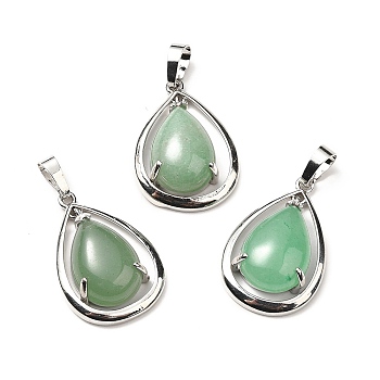 Natural Green Aventurine Pendants, Teardorp Charms, with Rack Plating Platinum Tone Brass Findings, Cadmium Free & Lead Free, 30.5x20x8mm, Hole: 8x5mm