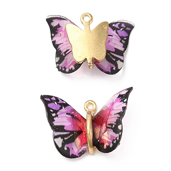 Transparent Resin Pendants, Butterfly Charms with Golden Plated Alloy Findings, Orchid, 17~18x21~24x7~7.5mm, Hole: 1.5mm