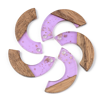 Transparent Resin & Walnut Wood Pendants, with Gold Foil, Arc, Lilac, 28x14x3mm, Hole: 2mm