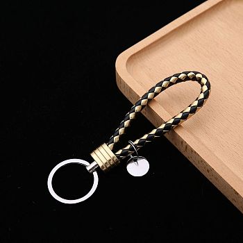 PU Leather Knitting Keychains, Wristlet Keychains, with Platinum Tone Plated Alloy Key Rings, Gold, 12.5x3.2cm
