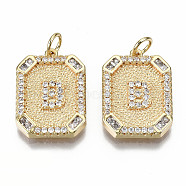 Brass Micro Pave Clear Cubic Zirconia Pendants, Nickel Free, Real 18K Gold Plated, Rounded Rectangle with Word, Letter.B, 19x14x2.5mm, Jump Ring: 5x0.7mm, 3mm inner diameter(KK-S356-234B-G-NF)