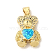 Rack Plating Brass Micro Pave Clear Cubic Zirconia Pendants, Heart Bear Charms with Synthetic Opal, Real 18K Gold Plated, Cadmium Free & Lead Free, Long-Lasting Plated, Deep Sky Blue, 22.5x14.5x6.5mm, Hole: 3.5x3mm(KK-P268-05B-G02)