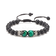 Natural Frosted Black Agate(Dyed) & Tiger Eye Braided Bead Bracelet with Alloy Crown, Gemstone Jewelry for Women, Dark Cyan, Inner Diameter: 2-1/4~3-3/4 inch(5.6cm)(BJEW-JB08249-04)