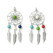 Synthetic Turquoise Dyed Big Pendants, Antique Silver Plated Alloy Woven Web/Net Charms, Mixed Color, Feather, 68.5x28x7mm, Hole: 3.5mm(PALLOY-JF02309-02)
